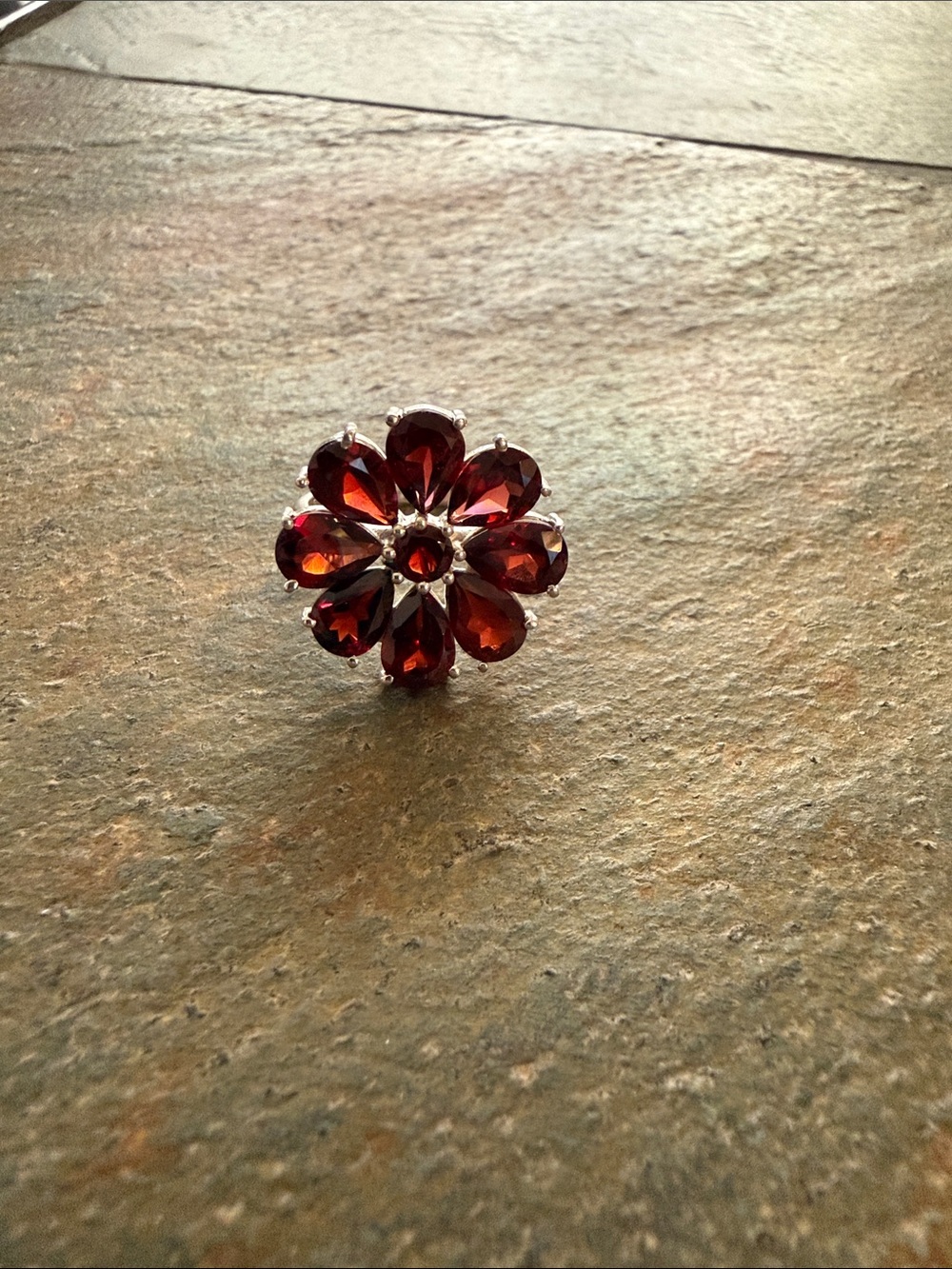 Elegant Sterling Silver Garnet Red Flower Cocktail Ring - NEW!